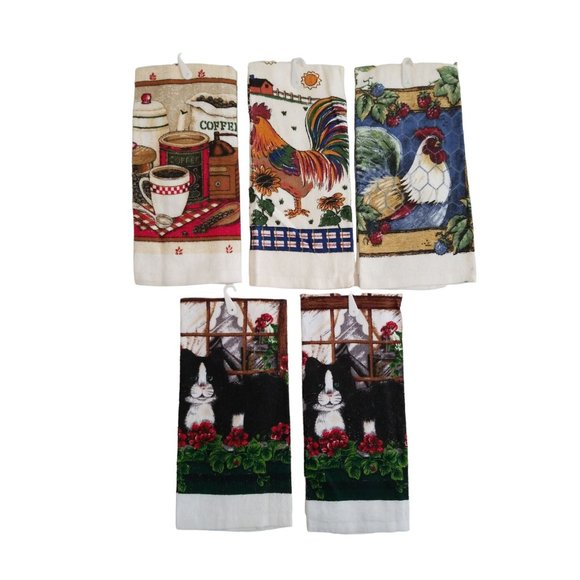 Lot of 5 Colorful Kitchen Towels NOS 100% Cotton Chickens, Cats and Coffee - Picture 2 of 10